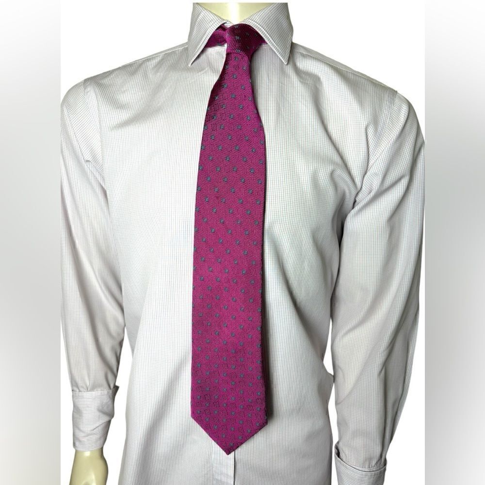 Hickey-Freeman Silk Magenta Tie w/Blue & Green Squares Perfect Condition